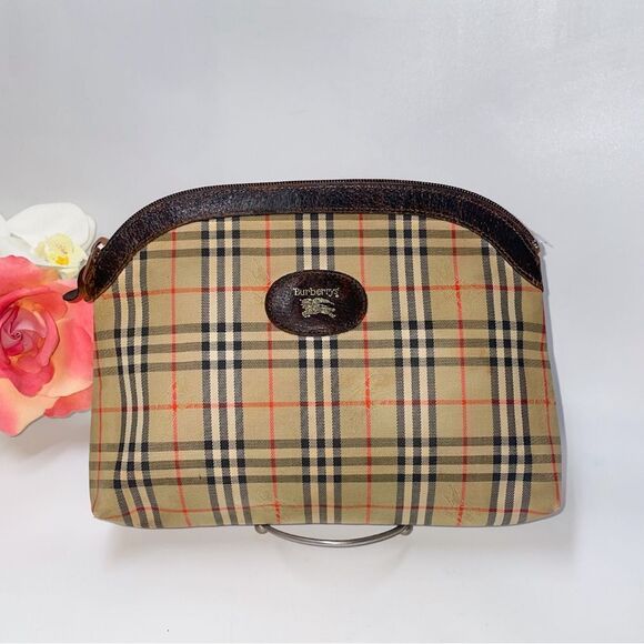Authentic Burberry Pouch Nova Check, Horse Logo Leather Trim - Picture 1 of 6
